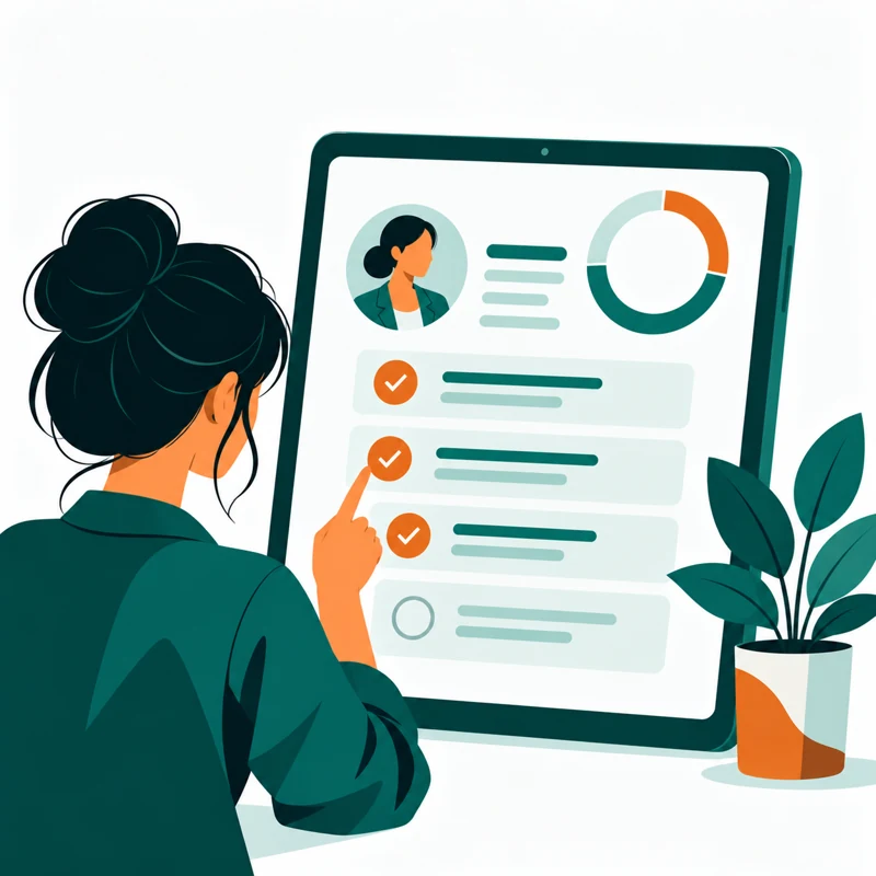 A woman ticking off a profile checklist on a tablet